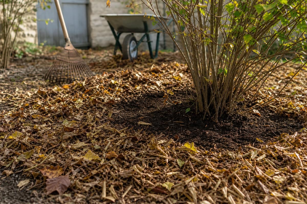 Feuilles mortes broyées paillant un massif, écartées des tiges d’arbustes