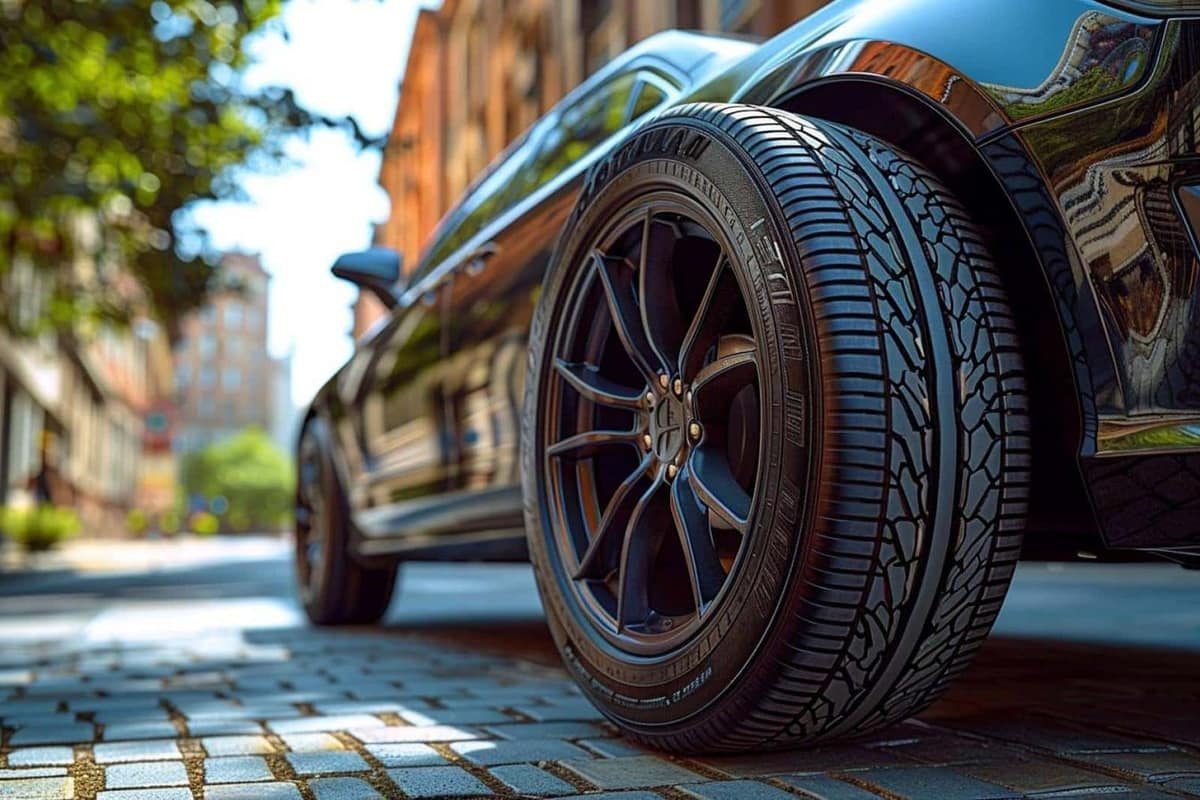 Gros plan sur pneu 225/45 R17 monté sur jante de voiture