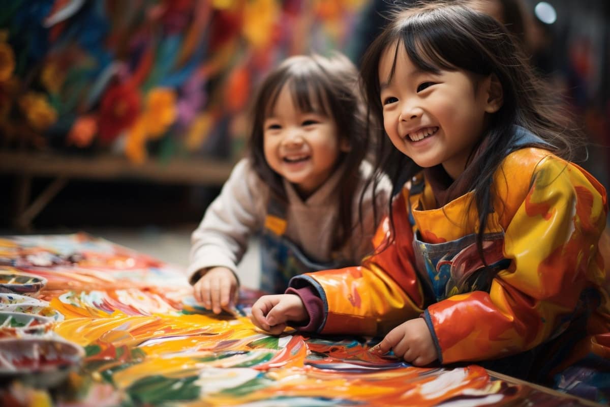 Enfant découpant et collant des papiers colorés sur une table protégée