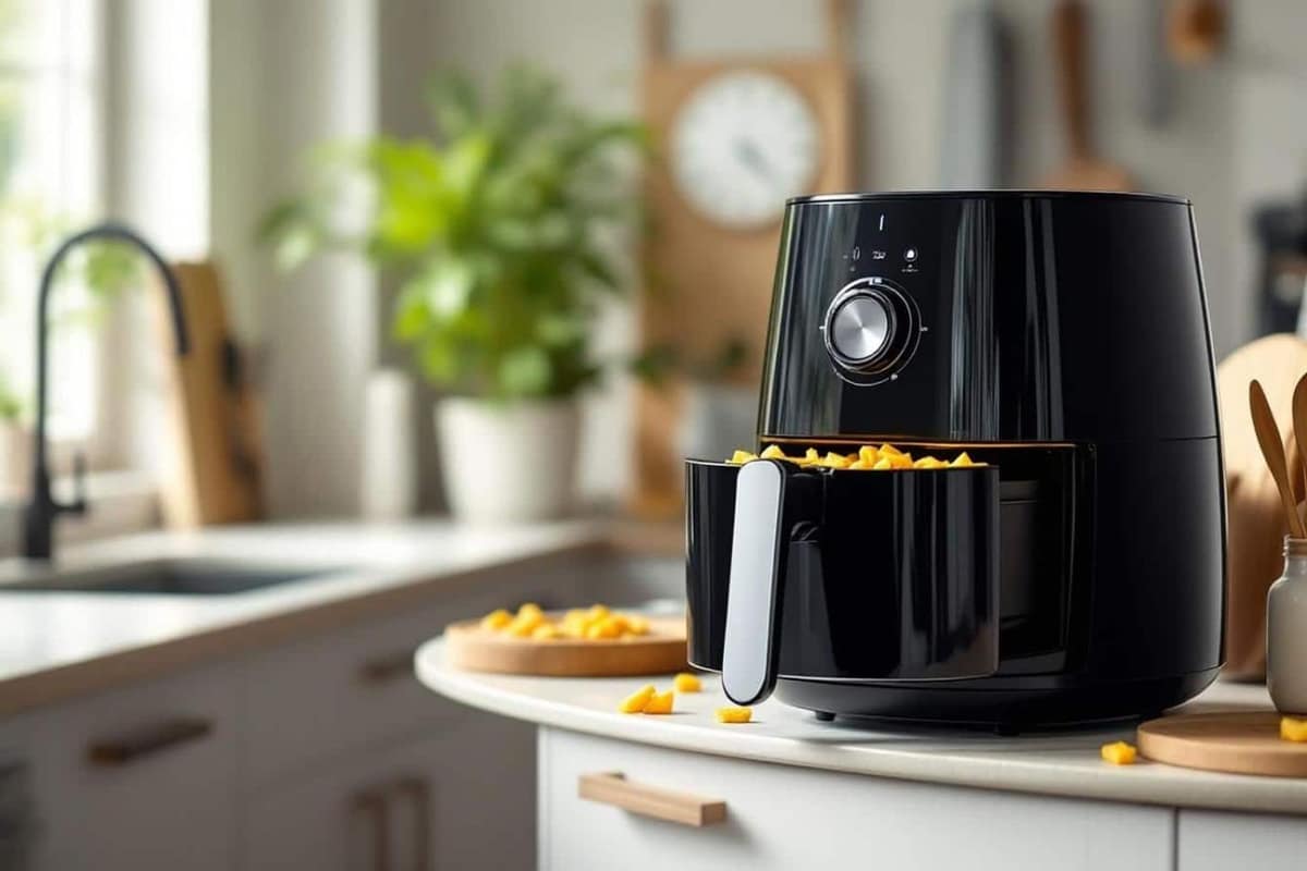 Friteuse sans huile ouverte avec pommes de terre rôties sur plan de cuisine
