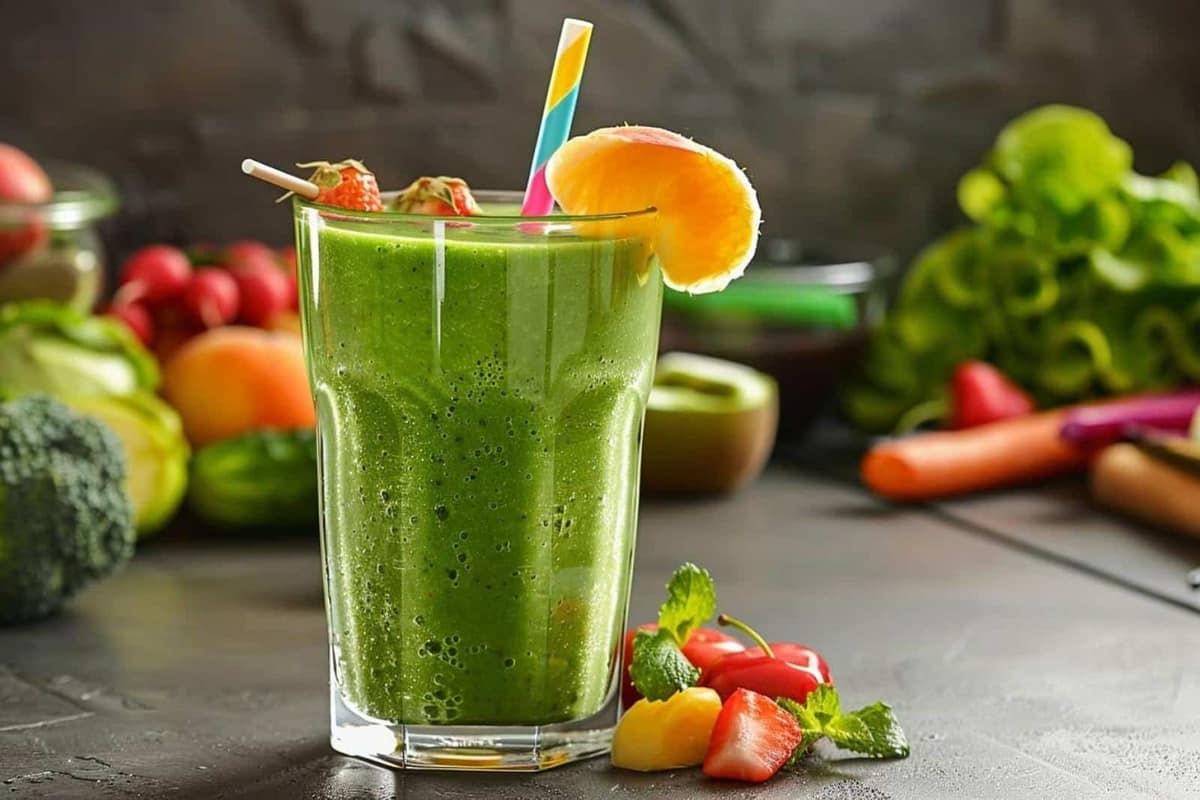 Six smoothies colorés avec fruits frais, fruits surgelés et flocons d’avoine sur un plan de travail