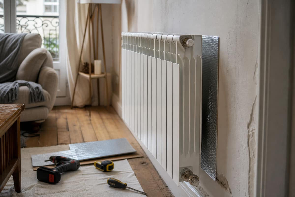 Panneau réfléchissant isolant installé derrière un radiateur sur mur extérieur