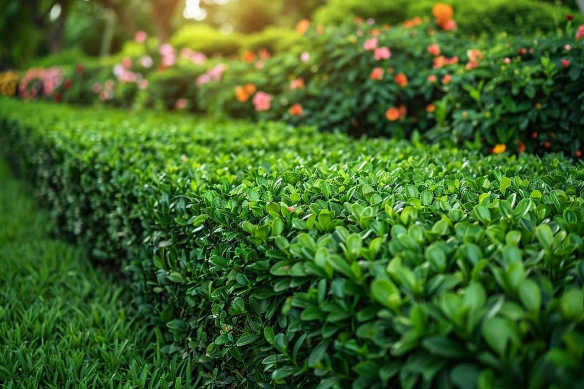 Jardinier inspectant une haie dense avant une taille légère en juillet