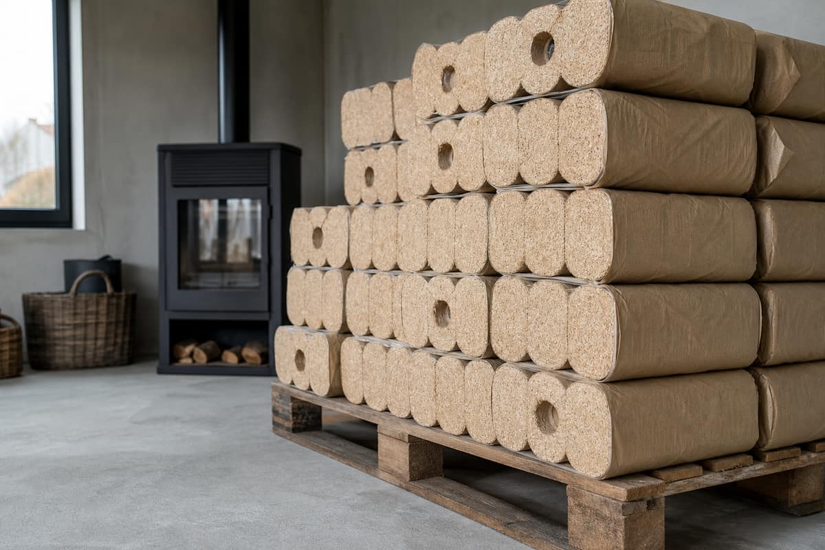 Bûches de bois compressé stockées au sec sur une palette en garage