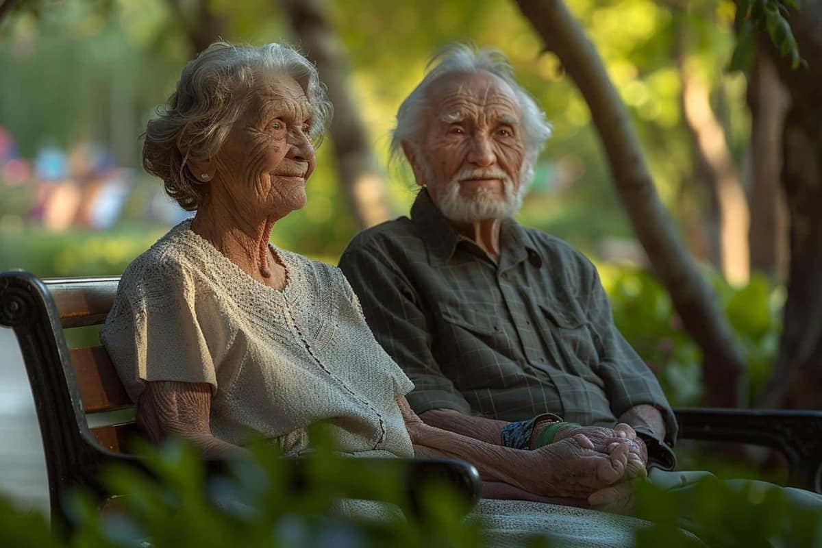 Couple âgé marchant dans un jardin public avec un panier de légumes