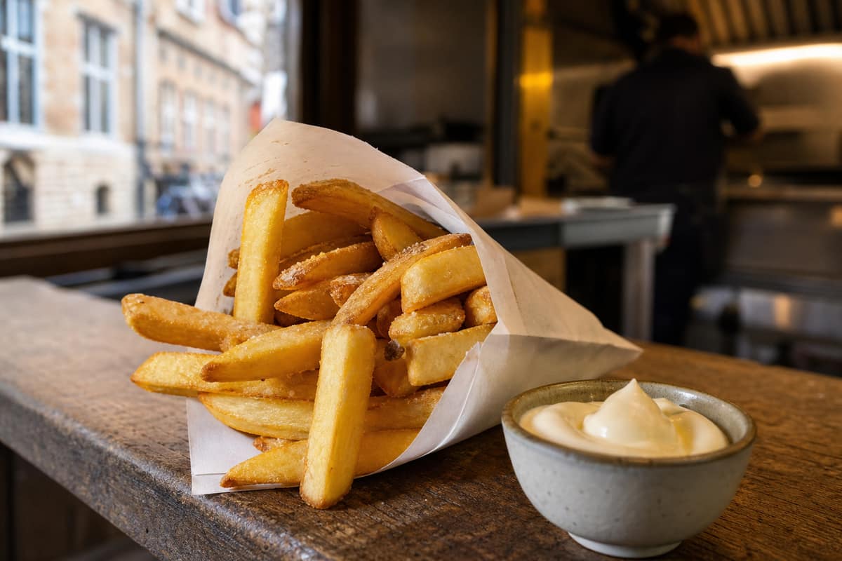 Cornet de frites belges épaisses dorées servi avec une mayonnaise