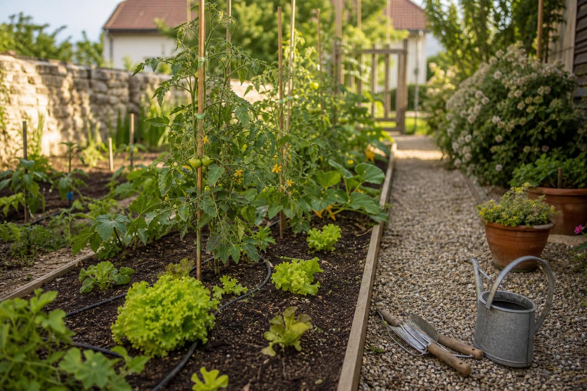 Planches potagères paillées avec tomates tuteurées, salades, haricots et tuyau d’arrosage.