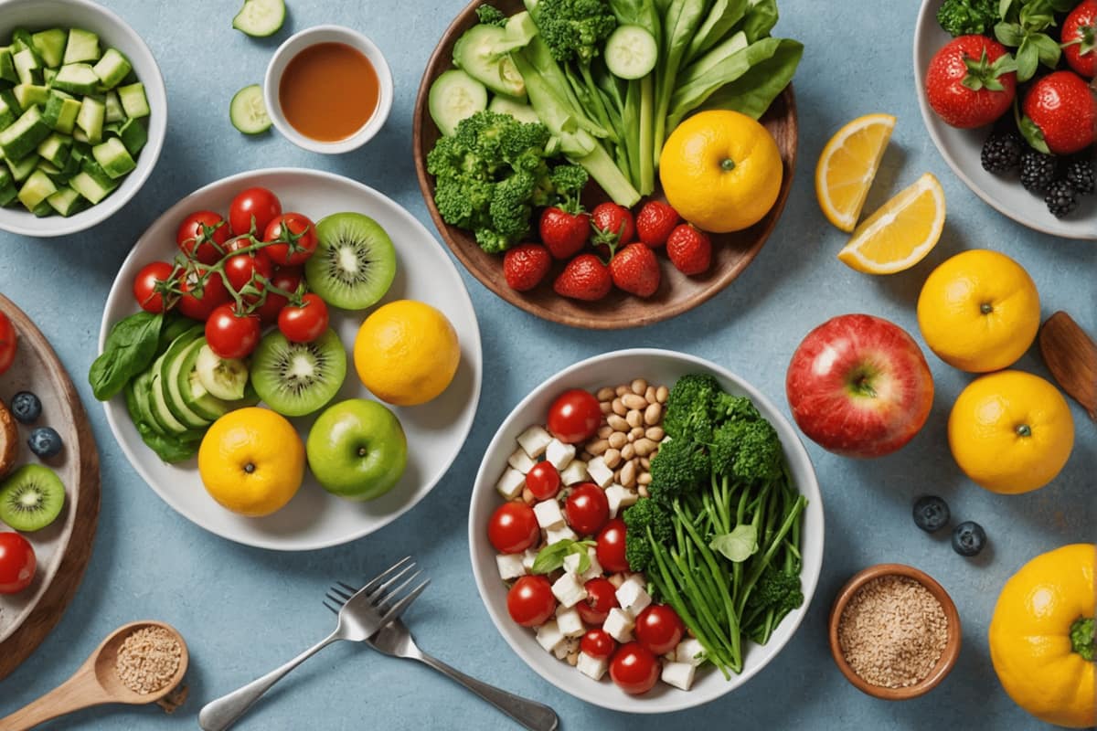 Assiette équilibrée avec légumes rôtis, lentilles, pain complet et eau