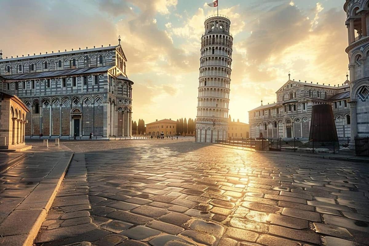 Tour de Pise inclinée vue depuis la pelouse de la Piazza dei Miracoli