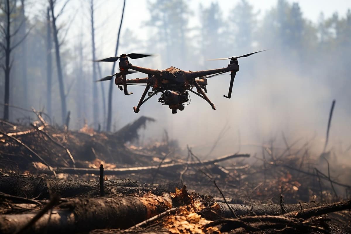 Pente forestière brûlée stabilisée avec fascines et jeunes pousses après incendie