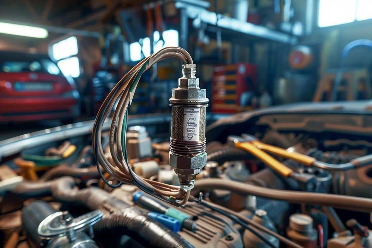 Sonde lambda neuve tenue près d’une ligne d’échappement en atelier
