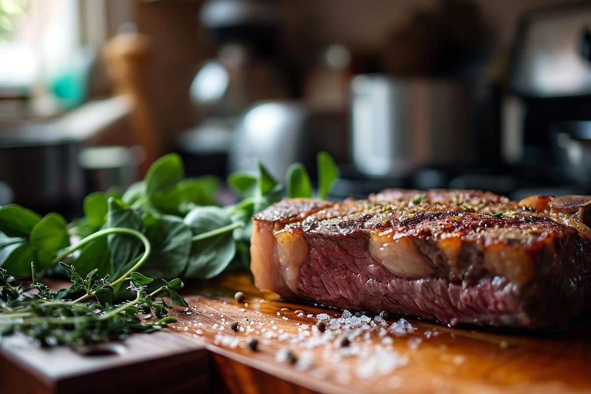 Rôti de bœuf tranché avec sonde de cuisson sur planche en bois