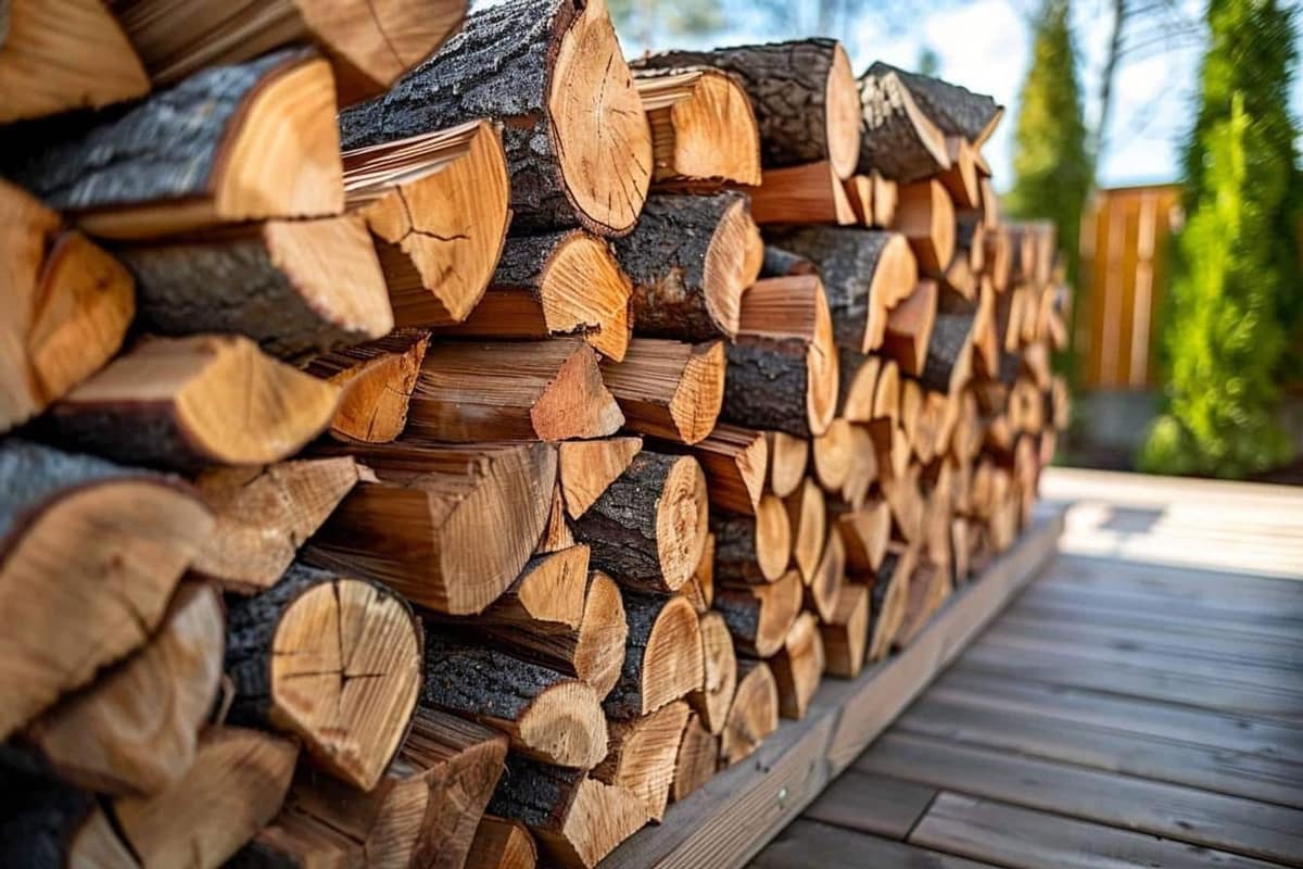 Bûches fendues de longueurs variées près d’un poêle à bois avec humidimètre