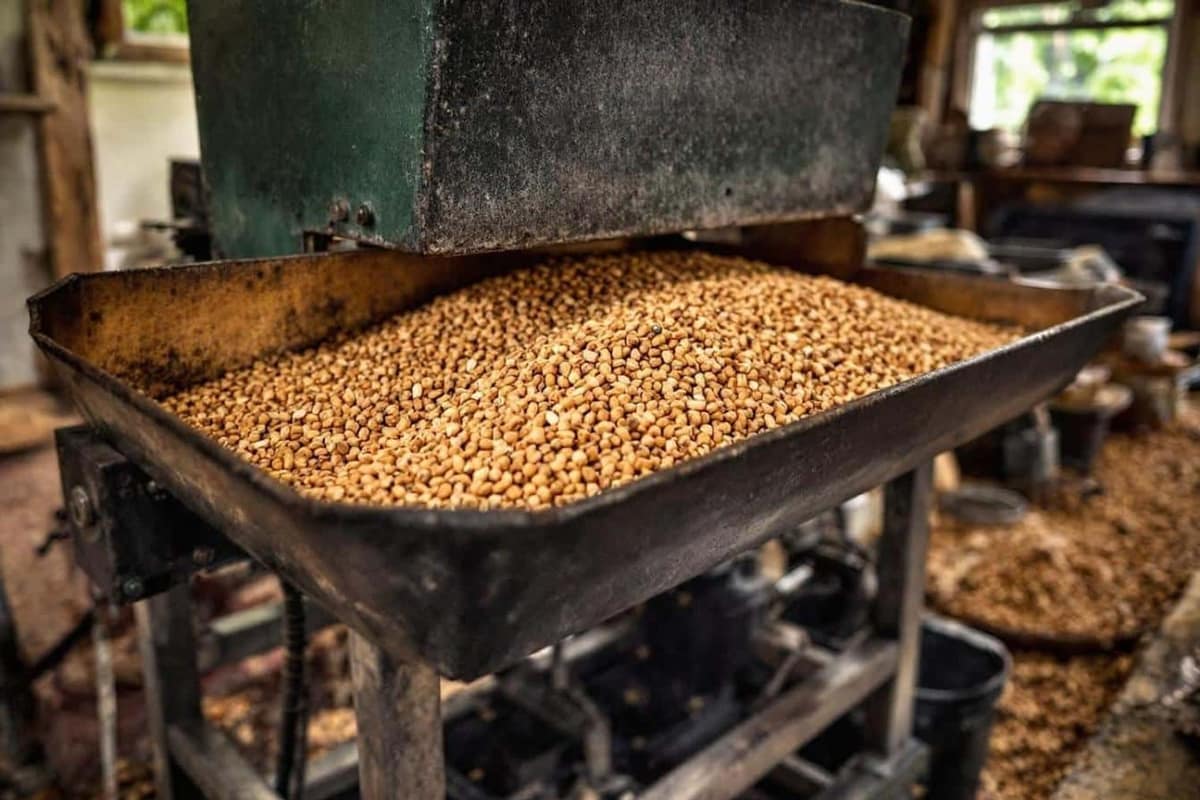Tamis en métal séparant la poussière de granulés de bois secs