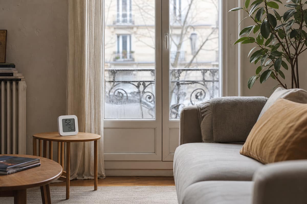Hygromètre posé dans un salon lumineux près d’une fenêtre légèrement embuée