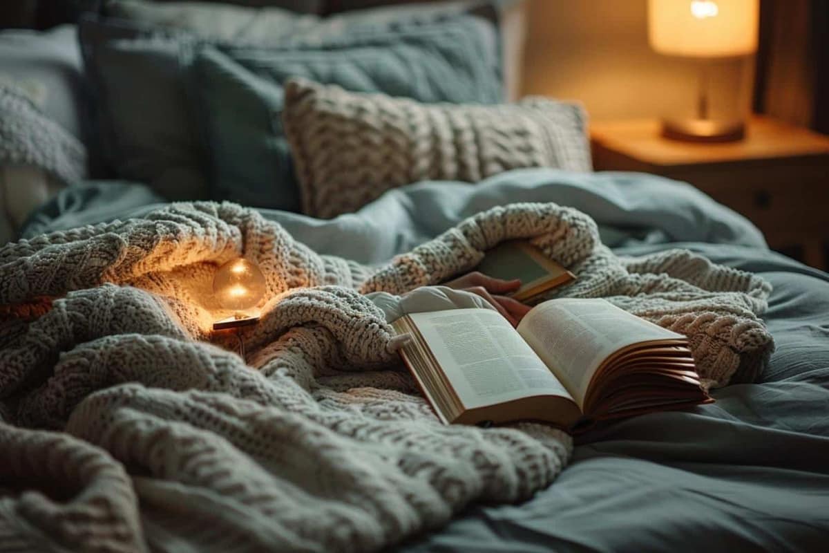 Livre ouvert et lampe de chevet sur un lit aux draps clairs
