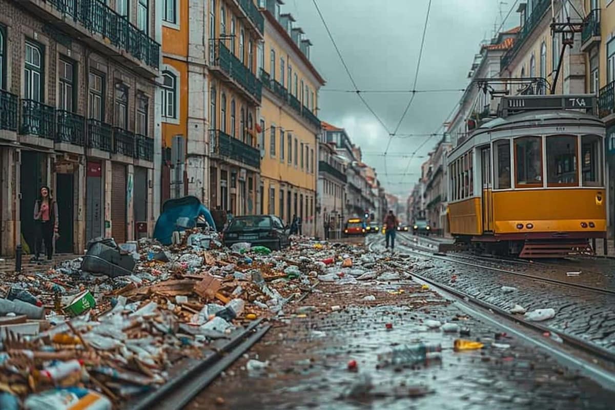 Rue pavée d’Alfama à Lisbonne avec tram historique au petit matin
