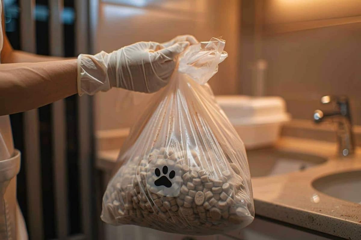Bac à litière, pelle et sac fermé près d’une poubelle domestique