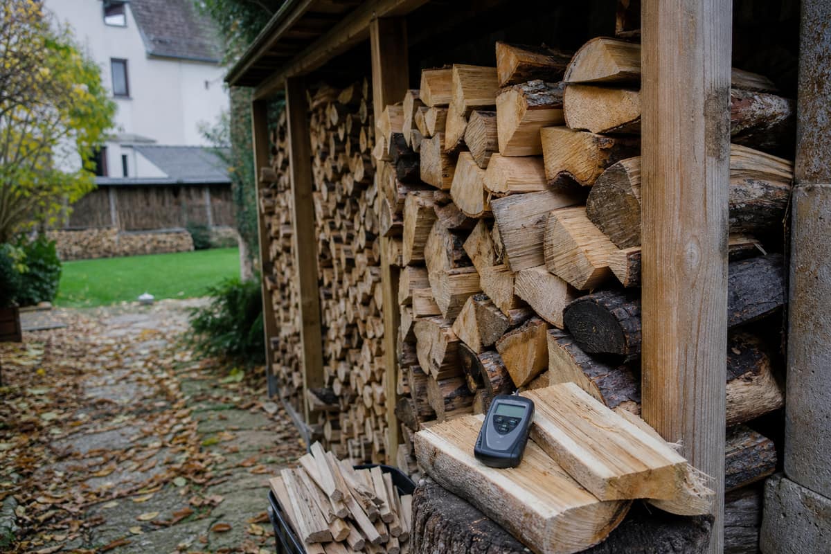 Bûches de chêne sèches, bois résineux séparé et humidimètre sur un billot