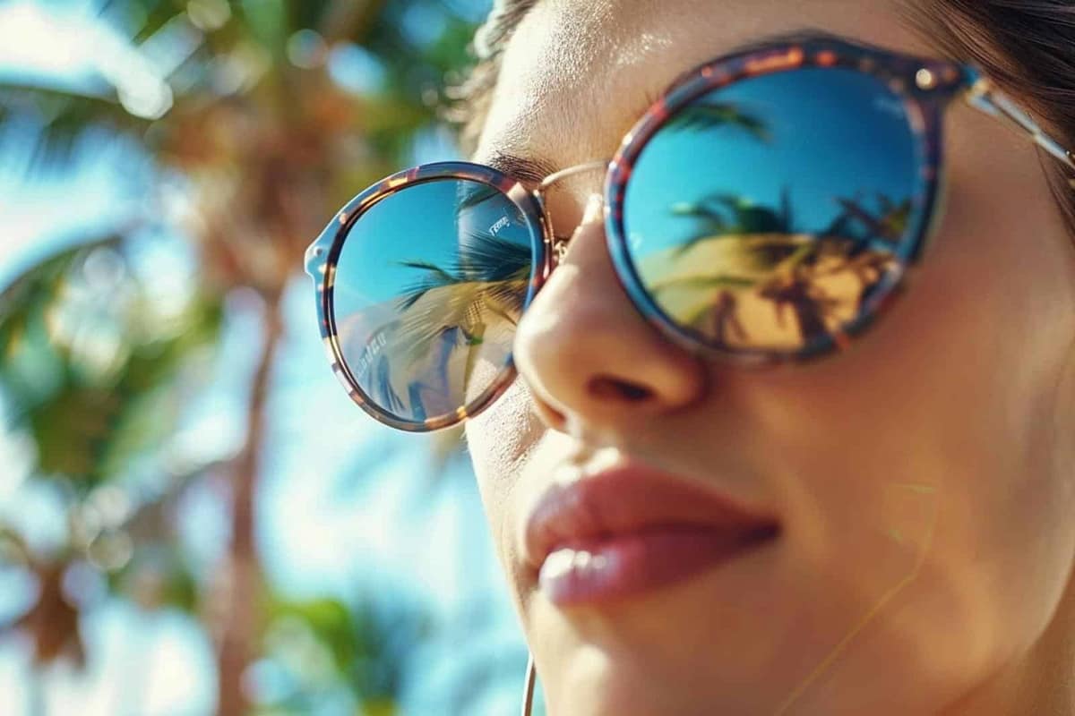 Lunettes de soleil à monture écaille posées sur une table en bois