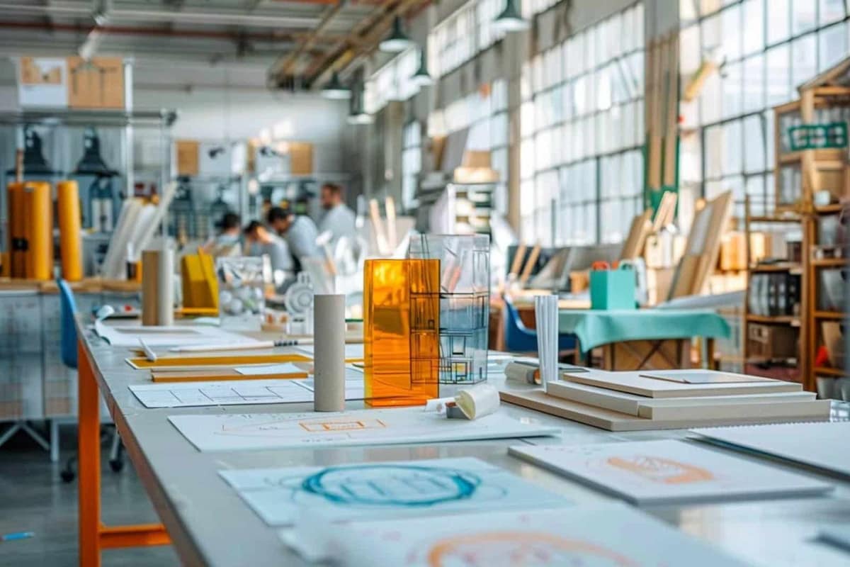 Équipe de conception réunie autour de prototypes en carton et échantillons matière