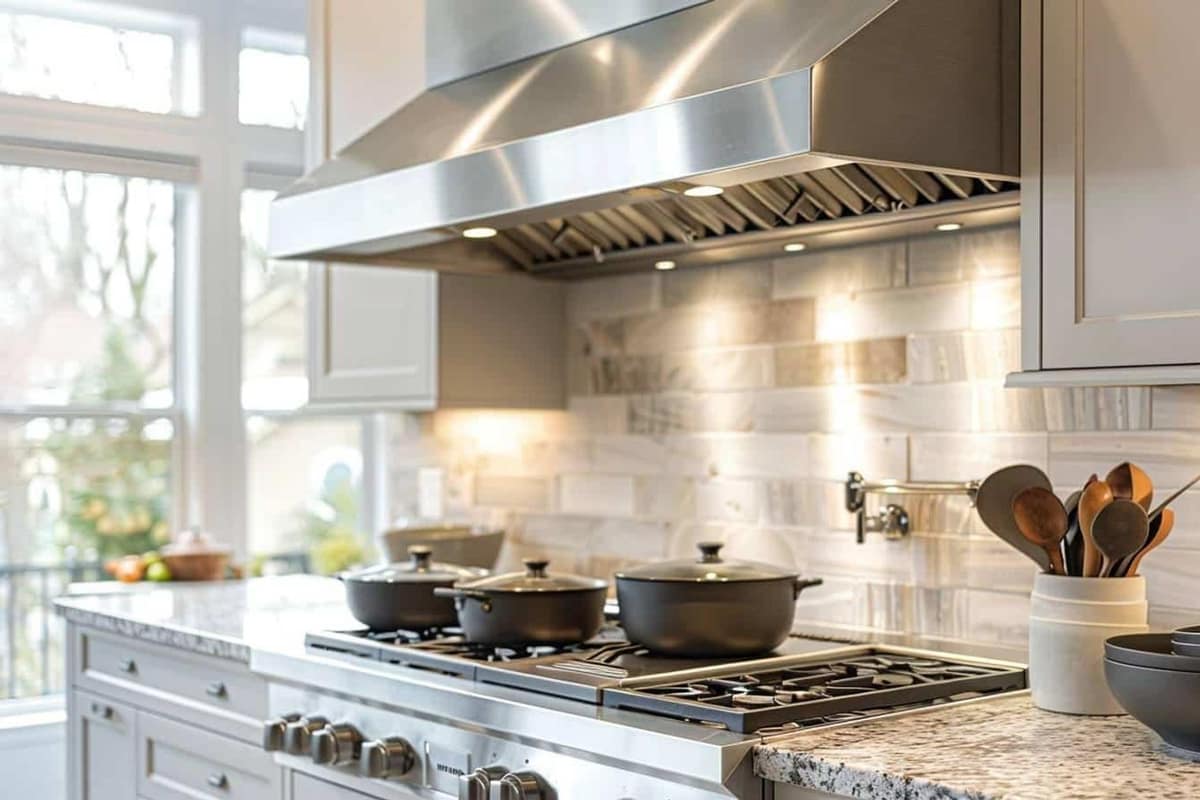 Hotte inox aspirant la vapeur d’une casserole sur plaque à induction