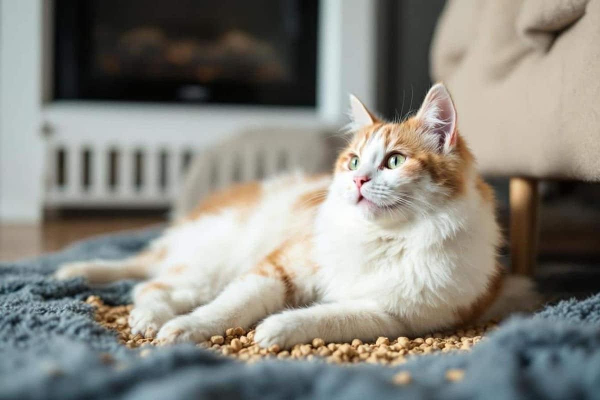 Bac à litière avec granulés de bois et chat observant à côté