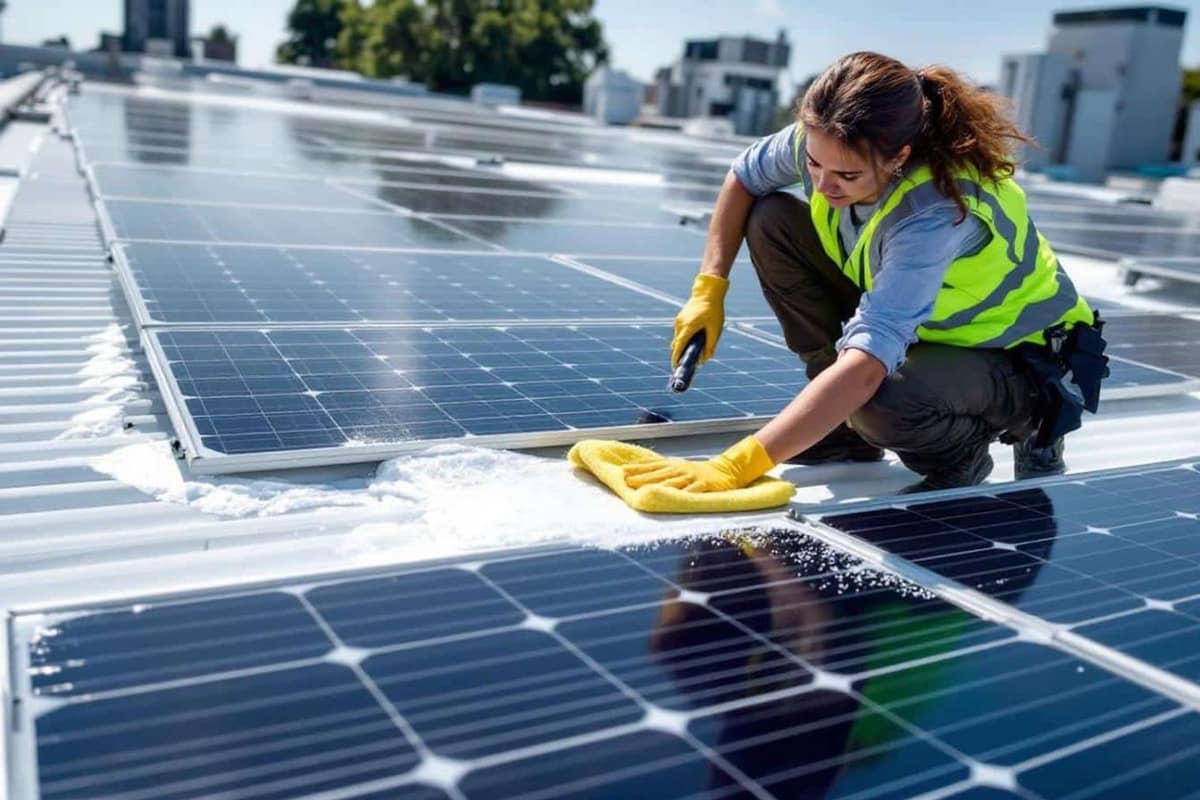 Panneaux photovoltaïques rincés avec une brosse souple depuis une terrasse au printemps
