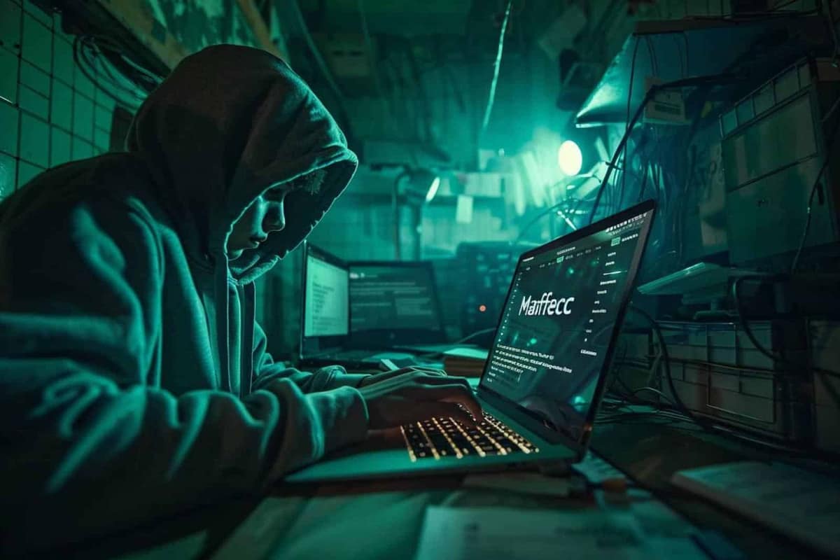 Ordinateur portable affichant une messagerie chiffrée sur un bureau lumineux