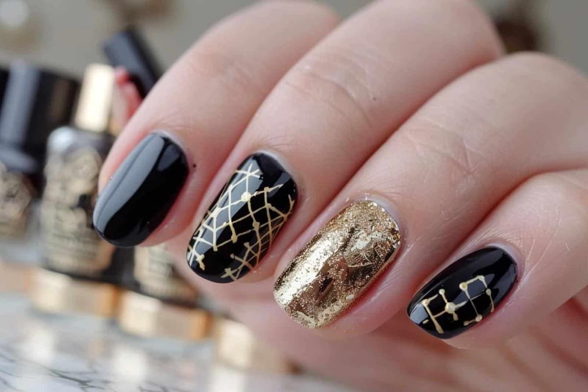 Mains aux ongles courts carrés arrondis recouverts d’un vernis noir brillant