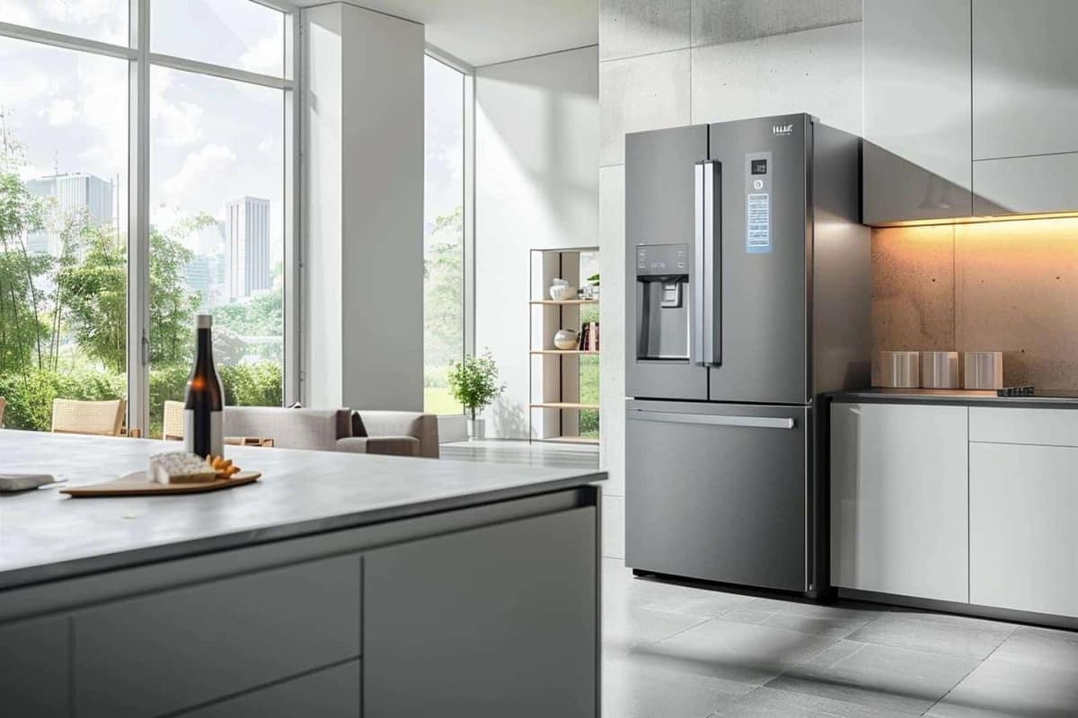 Réfrigérateur multiporte moderne et lave-linge dans une cuisine familiale lumineuse
