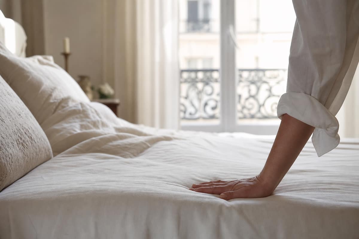 Main pressant la surface d'un matelas dans une chambre lumineuse