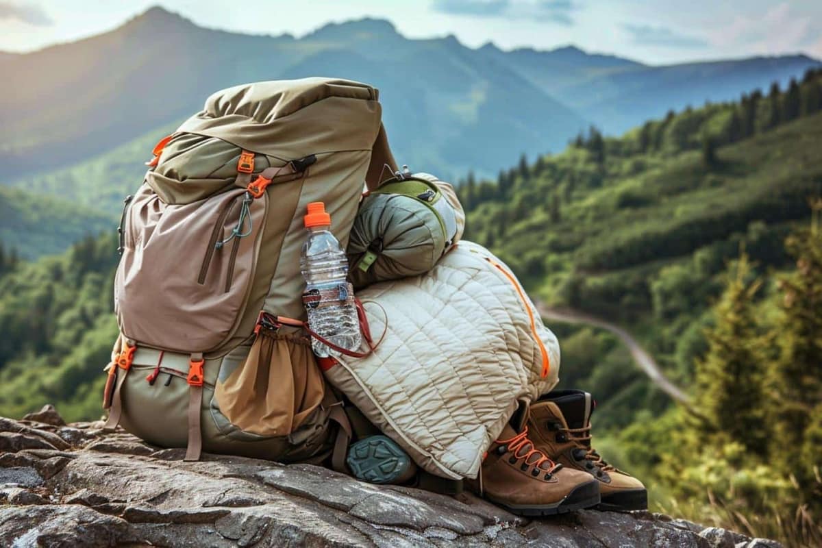 Sac, chaussures et accessoires de randonnée posés au départ d’un sentier forestier