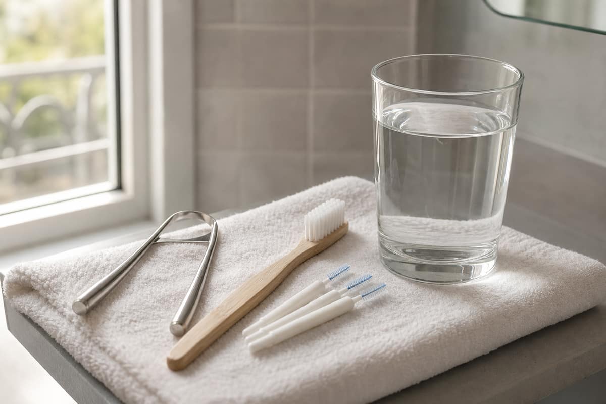 Gratte-langue, brosse à dents, brossettes interdentaires et verre d’eau sur une tablette de salle de bains