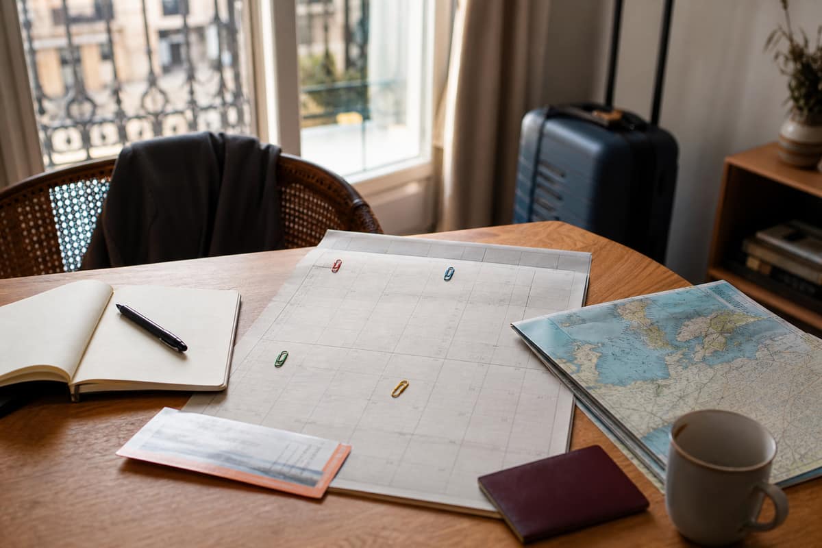 Calendrier 2026, carnet de voyage et valise posés sur un bureau lumineux