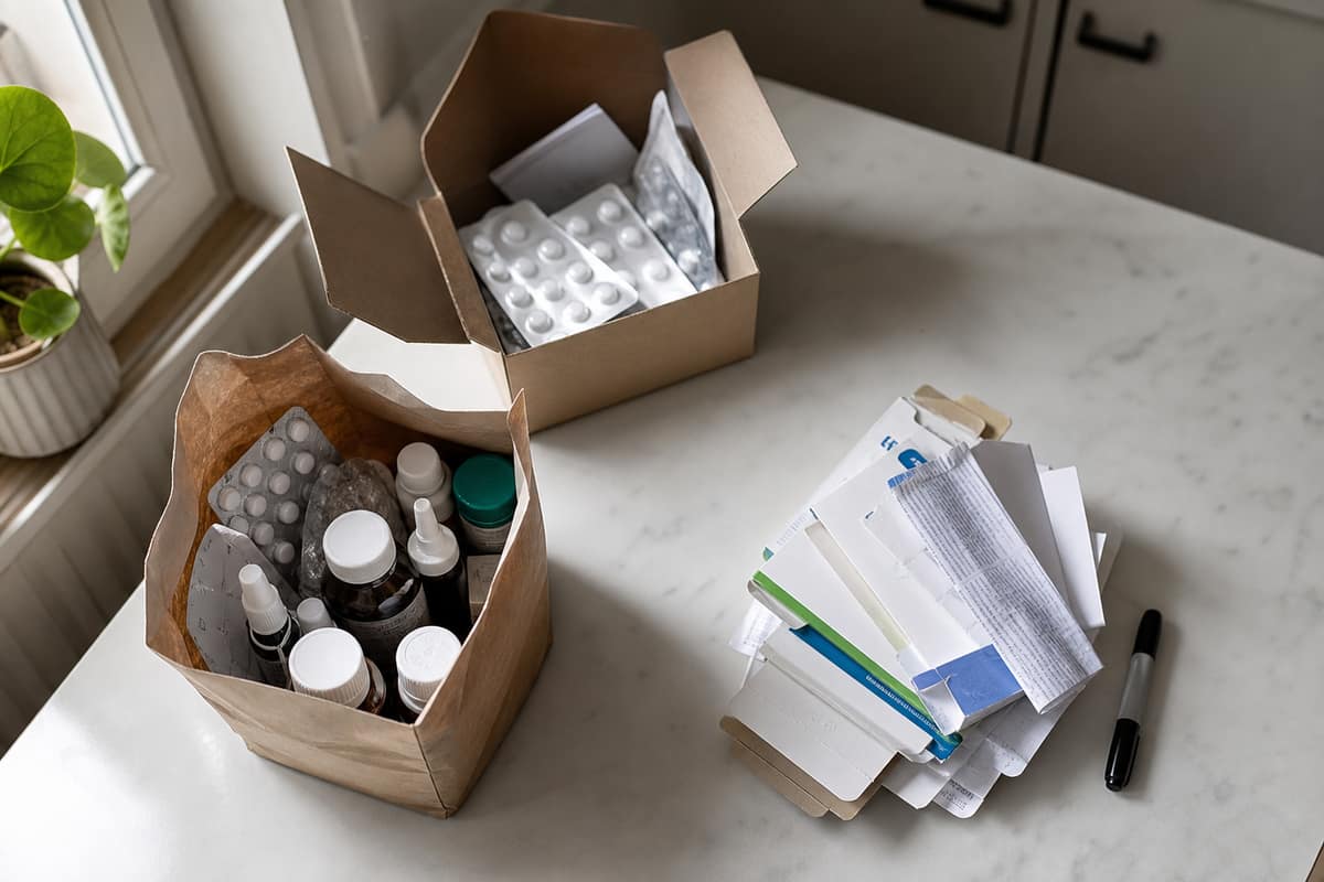 Tri d’une armoire à pharmacie : plaquettes et flacons d’un côté, cartons et notices de l’autre