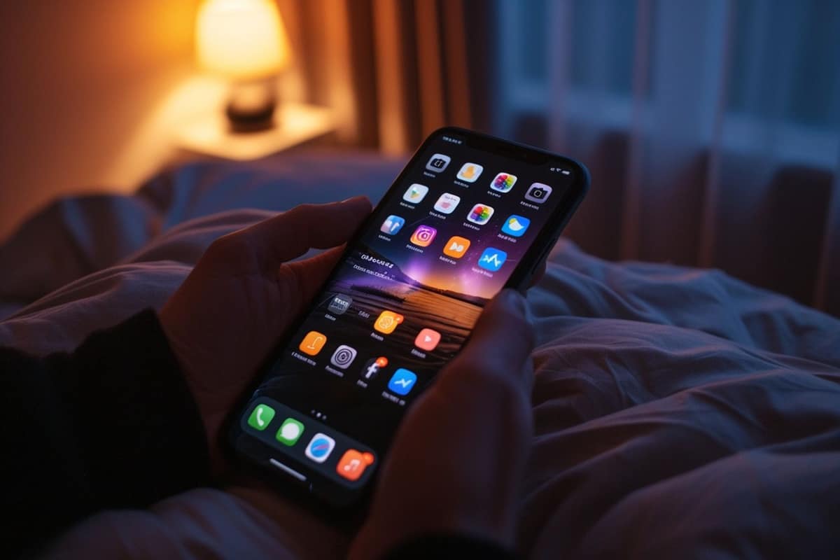 Smartphone affichant une interface sombre près d’une lampe de chevet