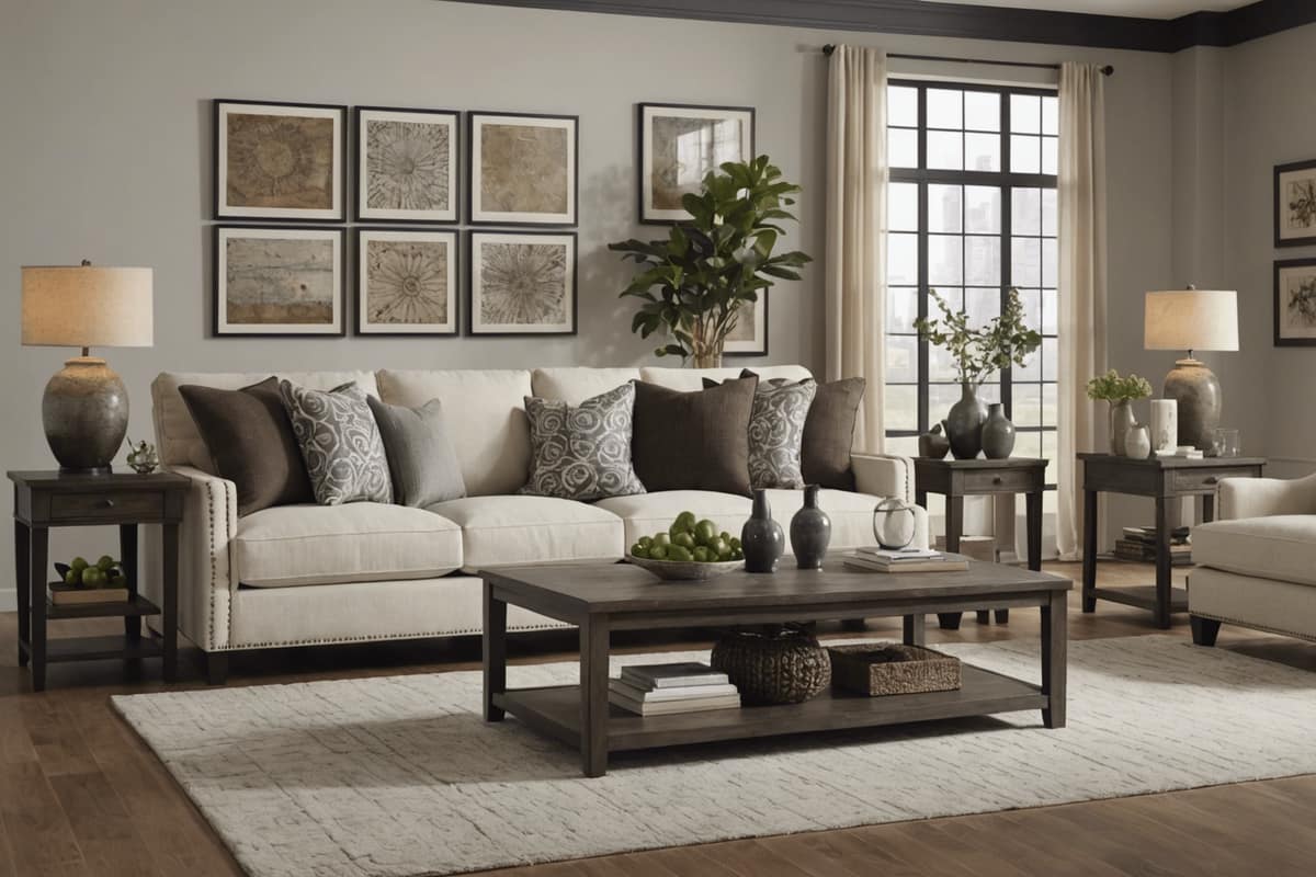Salon français lumineux avec canapé beige, table en chêne et rangement bas