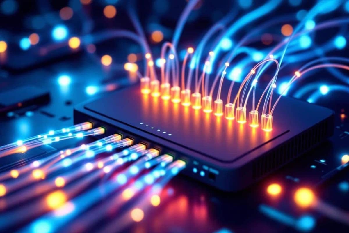 Module SFP+ RJ45 et câble Ethernet branchés sur une box fibre