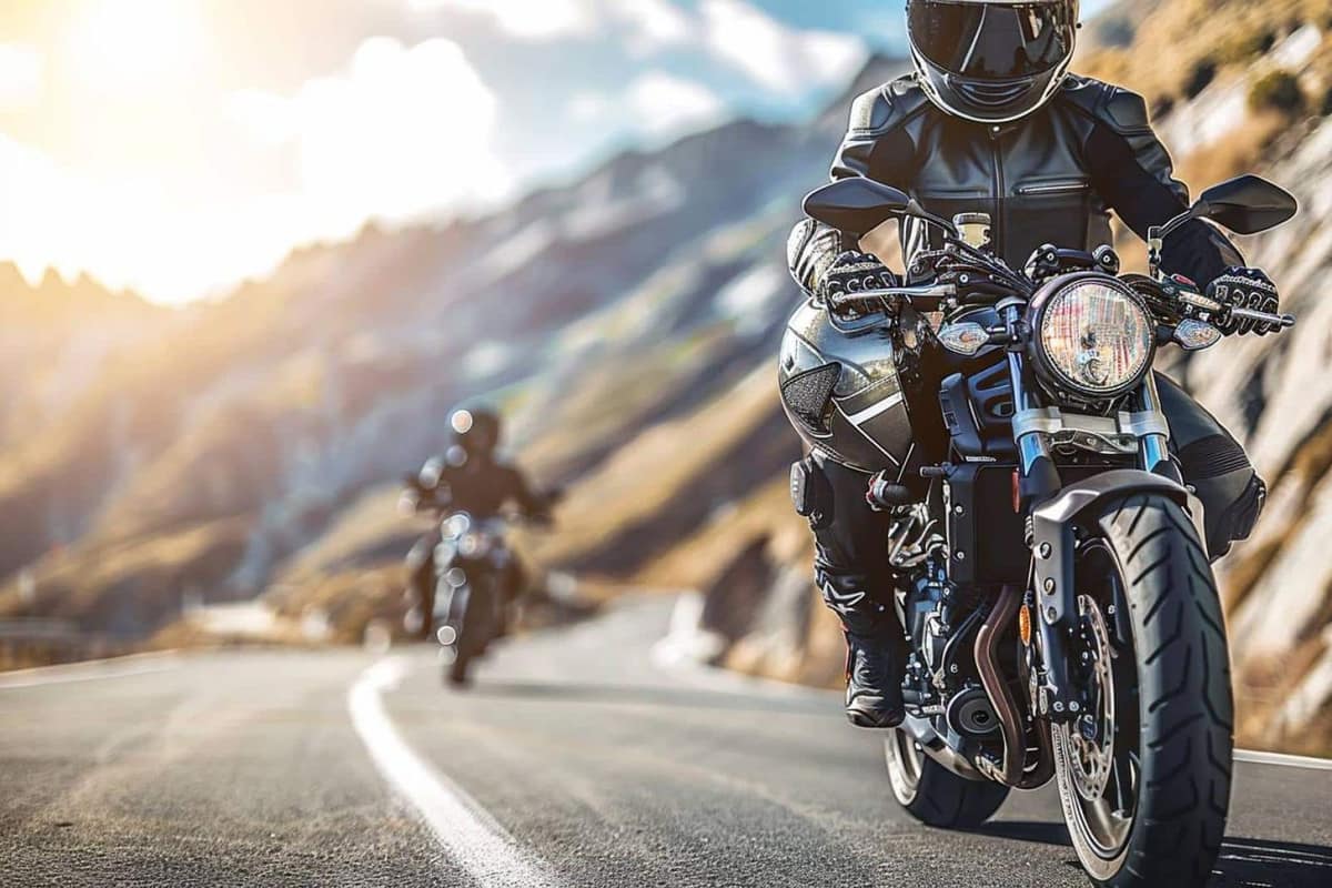 Moto garée dans un garage avec casque, antivol et dossier d’assurance