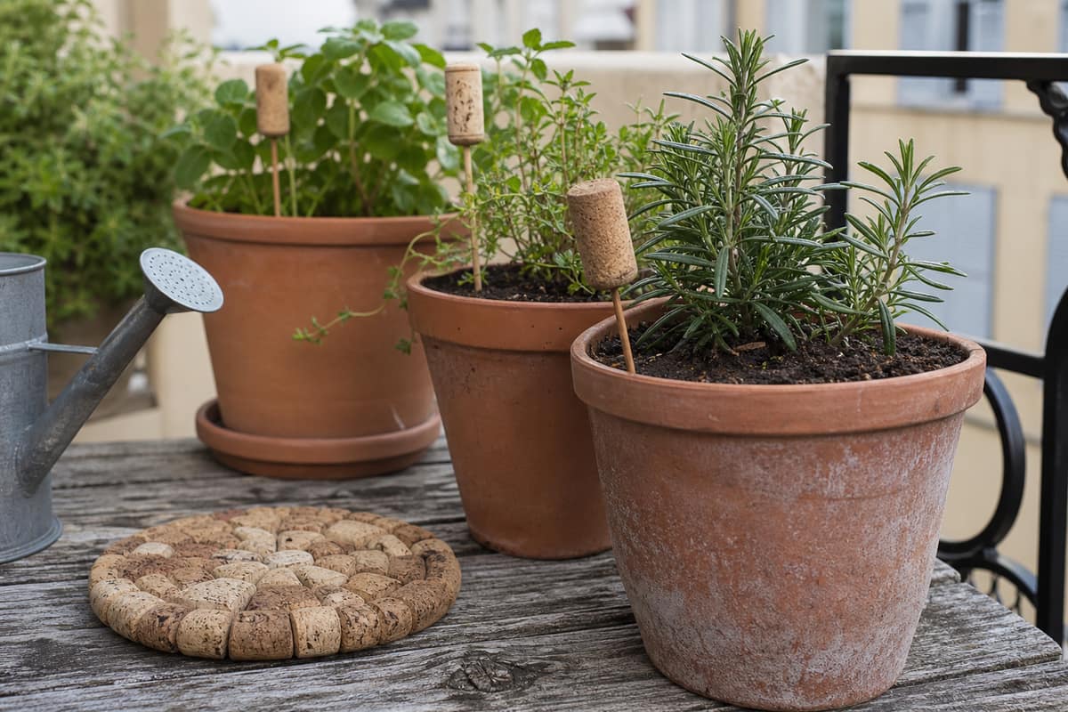 Bouchons en liège transformés en étiquettes dans des pots d’aromatiques