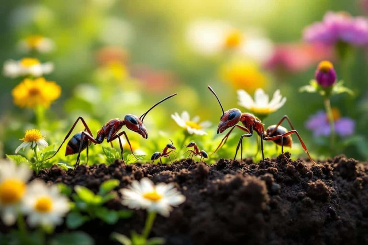 Fourmis circulant dans un sol paillé au pied de jeunes tomates