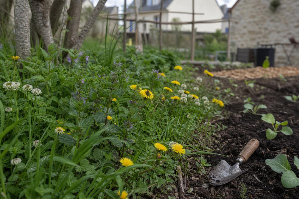 Bordure fleurie spontanée près d’un potager paillé dans un jardin français