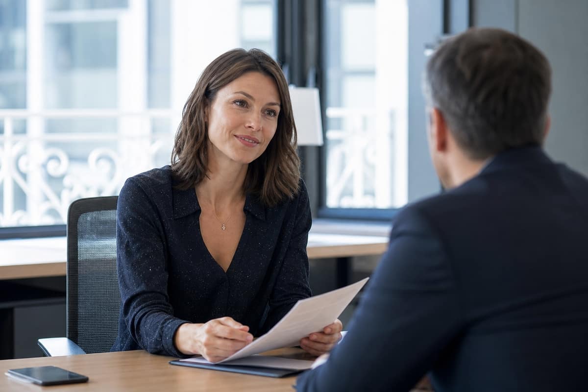 Professionnelle présentant des notes lors d'un entretien dans un bureau lumineux