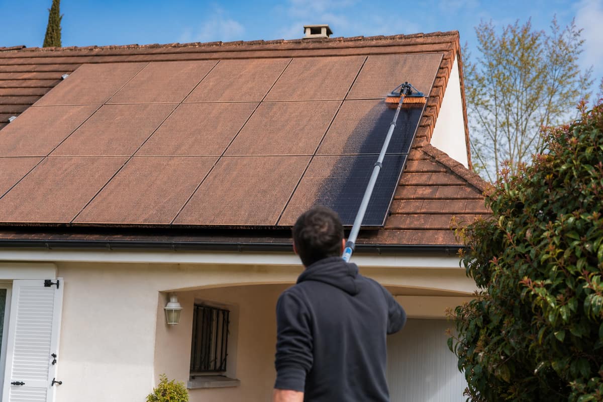 Panneaux solaires couverts de poussière ocre, nettoyés doucement depuis le sol