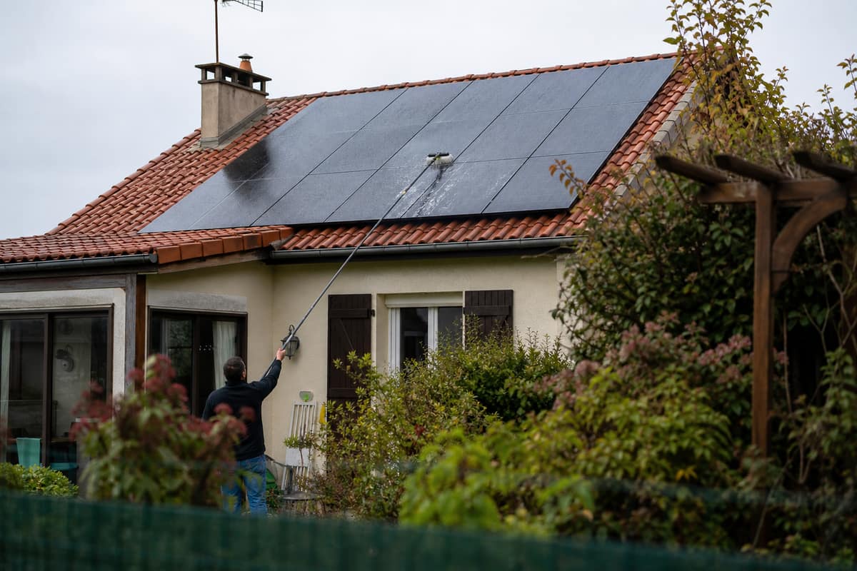 Panneaux photovoltaïques nettoyés depuis le jardin avec une perche à brosse souple