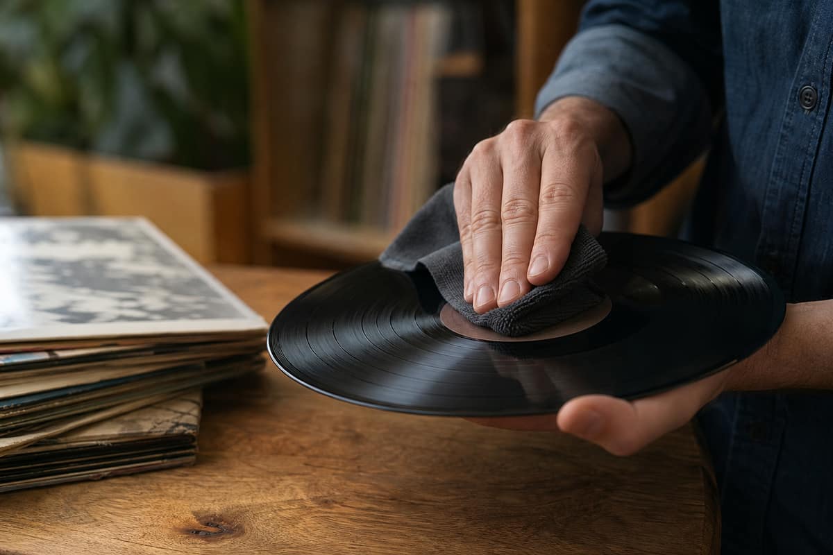 Mains nettoyant délicatement un disque vinyle avec un chiffon microfibre