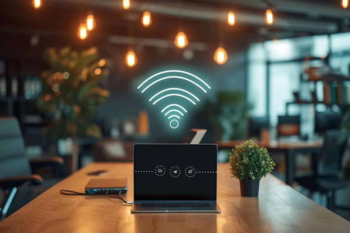 Borne WiFi professionnelle fixée au mur dans un bureau lumineux