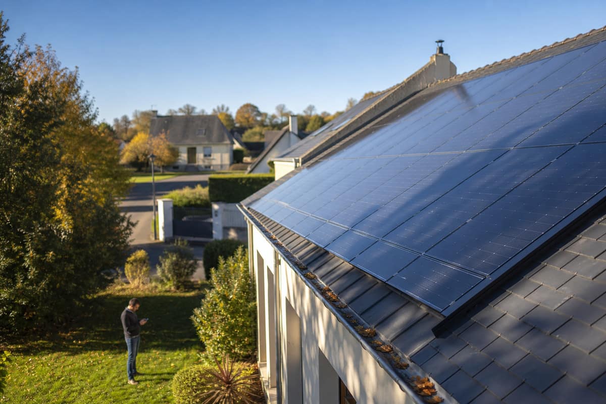 Panneaux photovoltaïques sur un toit avec ombres d’arbres en septembre