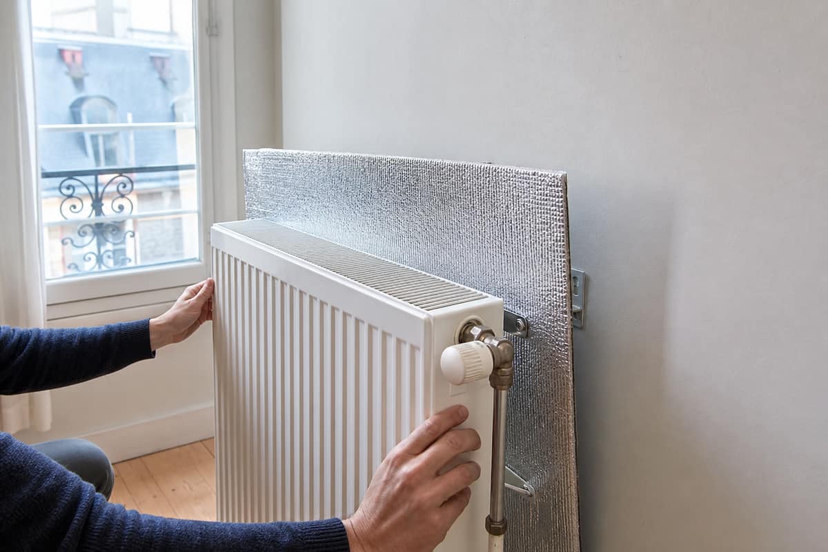 Panneau réfléchissant aluminium posé derrière un radiateur blanc sur mur extérieur.